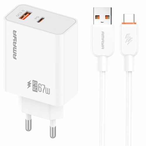 МЗП Amaya E72D PD67W+QC3.0 (1USB-A/1C) + кабель USB – Type-C, белый