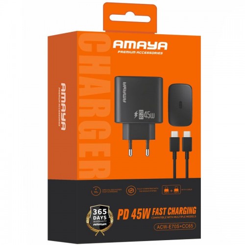 МЗП Amaya E70S PD45W (1USB-C) + кабель Type-C to Type-C Black
