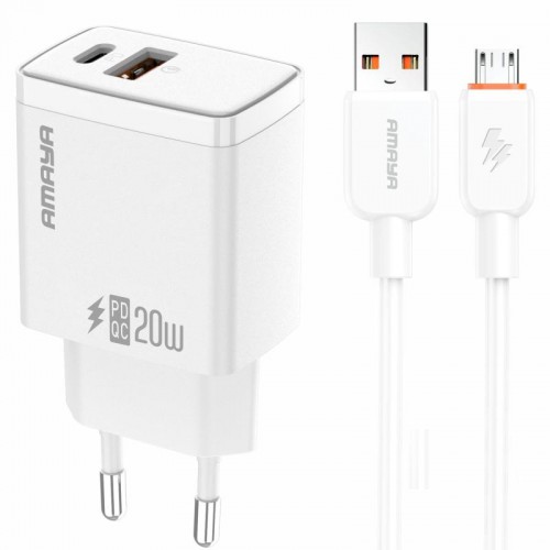 МЗП Amaya E67D PD20W+QC3.0 (1USB-A/1C) + кабель USB — MicroUSB, белый