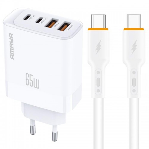 МЗП Amaya E101F PD65W+QC3.0 GaN (2USB-A/2C) + кабель Type-C — Type-C белый
