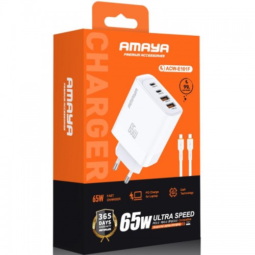 МЗП Amaya E101F PD65W+QC3.0 GaN (2USB-A/2C) + кабель Type-C — Type-C белый