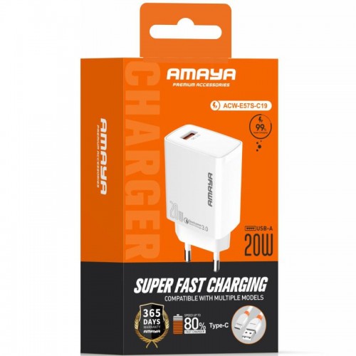 МЗП Amaya E57S QC3.0 20W (1USB-A) + кабель USB — Type-C Белый