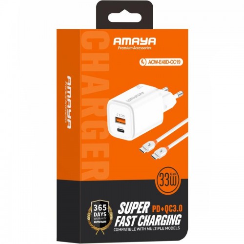 МЗП Amaya E48D PD33W+QC3.0 (1USB-A/1C) + кабель Type-C — Type-C, белый
