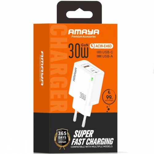 МЗП Amaya E46D PD30W+QC3.0 GaN (1USB-A/1C) Белый