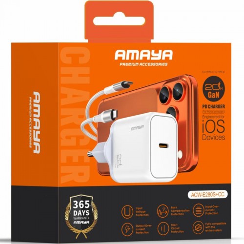 МЗП Amaya E280S PD20W GaN (1USB-C) + кабель Type-C – Type-C Белый