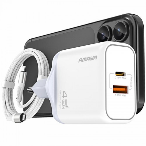 МЗП Amaya E580T PD45W+QC3.0 GaN (1USB-A/1C) + кабель Type-C — Type-C, белый