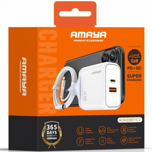 МЗП Amaya E580T PD45W+QC3.0 GaN (1USB-A/1C) + кабель Type-C — Type-C, белый