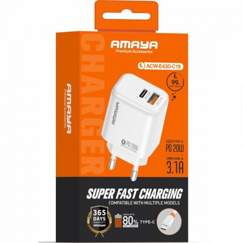 МЗП Amaya E43D PD20W (1USB-A/1C) + кабель USB — Type-C, белый