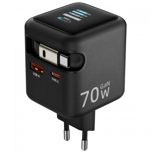 МЗП Amaya E700D PD70W+QC3.0 GaN (1USB-A/1C) + Втягивающийся кабель Type-C, чёрный