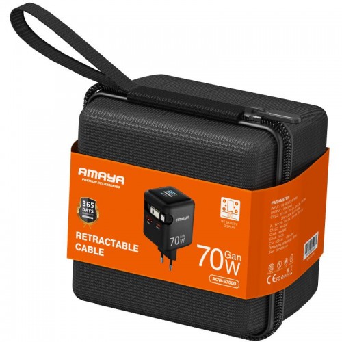 МЗП Amaya E700D PD70W+QC3.0 GaN (1USB-A/1C) + Втягивающийся кабель Type-C, чёрный