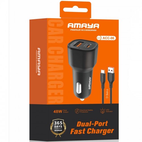 АЗП Amaya ACC-06 PD30W+QC3.0 всего 48 Вт (1 USB-A/1C) + кабель USB — Type-C, чёрный