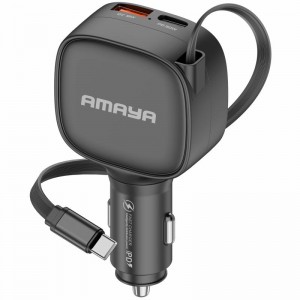 АЗП Amaya ACC-12C PD57.5W+QC3.0 общая мощность 84W (1USB-A/1C) с втягивающимся кабелем Type-C чёрный