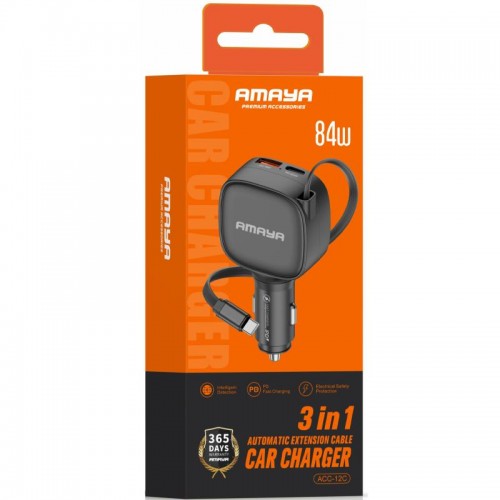АЗП Amaya ACC-12C PD57.5W+QC3.0 общая мощность 84W (1USB-A/1C) с втягивающимся кабелем Type-C чёрный