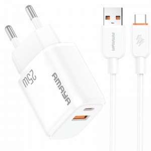 МЗУ Amaya E231D PD25W+QC3.0 (1USB-A/1C) + кабель USB — Type-C, белый
