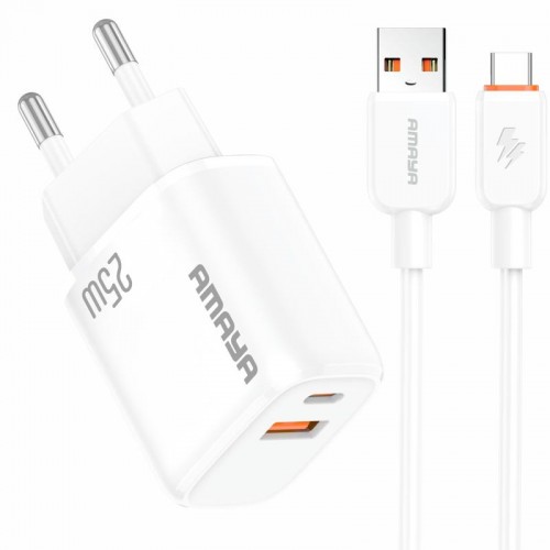 МЗУ Amaya E231D PD25W+QC3.0 (1USB-A/1C) + кабель USB — Type-C, белый