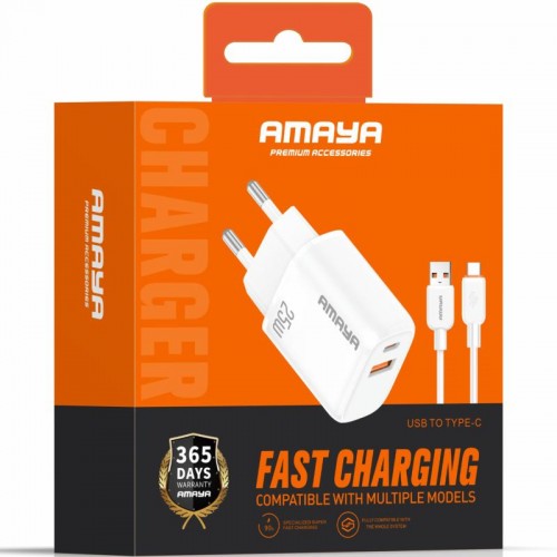 МЗУ Amaya E231D PD25W+QC3.0 (1USB-A/1C) + кабель USB — Type-C, белый