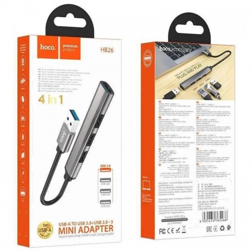 Переходник Hoco HB26 4in1 (USB to USB3.0+USB2.0*3) Metal gray