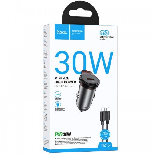 АЗП Hoco NZ16 Rigorous PD30W (1USB-C) + кабель Type-C to Type-C Metal grey