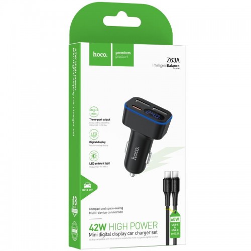 АЗУ Hoco Z63A Barry PD42W+QC3.0 (2USB-A/1C) + кабель Type-C to Type-C Black