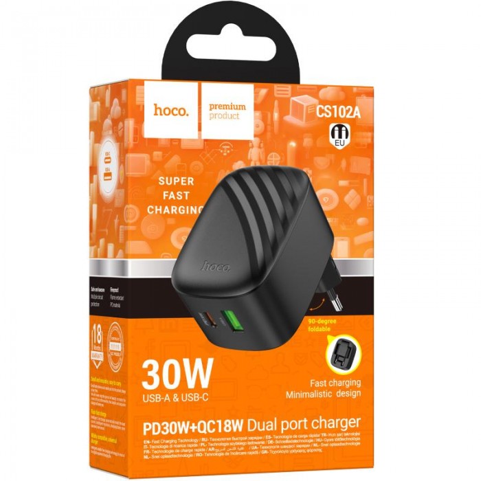 СЗУ Hoco CS102A Folding PD30W+QC3.0 (1USB-A/1C) Black - купить по
