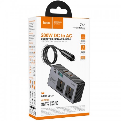АЗП інвертор Hoco Z66 New PD66W+QC3.0 (2USB-A/1C/2xSocket) (0.5m) Black