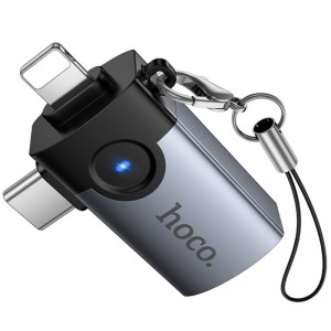 Переходник Hoco UA46D OTG 2in1 Lightning male/Type-C male to USB female Metal gray