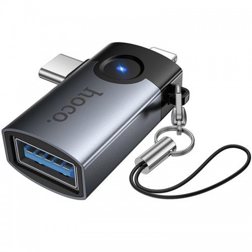 Переходник Hoco UA46D OTG 2in1 Lightning male/Type-C male to USB female Metal gray