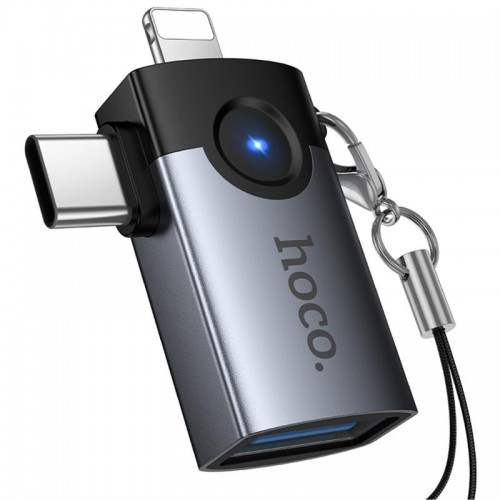 Переходник Hoco UA46D OTG 2in1 Lightning male/Type-C male to USB female Metal gray
