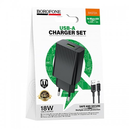 СЗУ Borofone BAS72A Source QC3.0 (1USB-A) + кабель USB to MicroUSB Black