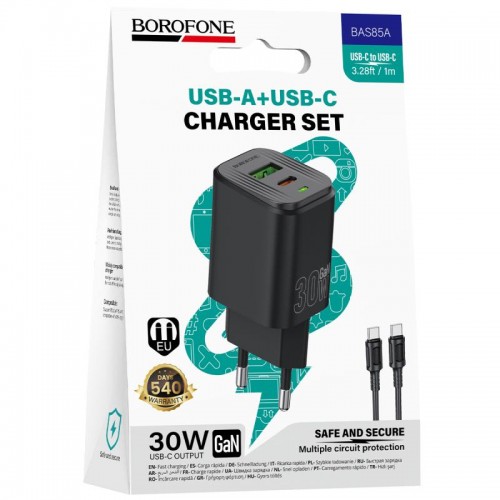 СЗУ Borofone BAS85A Star PD30W+QC3.0 (1USB-A/1C) + кабель Type-C to Type-C Black