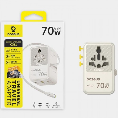 Сетевой универсальный переходник Baseus CG11 70W with retractable cable (2USB-A/3C/1Socket) (E0307E) Off-White
