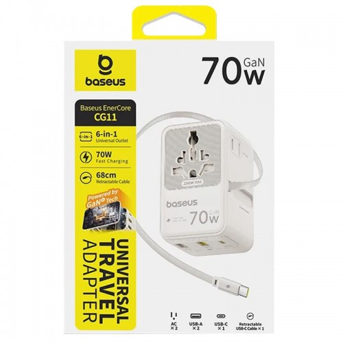 Сетевой универсальный переходник Baseus CG11 70W with retractable cable (2USB-A/3C/1Socket) (E0307E) Off-White