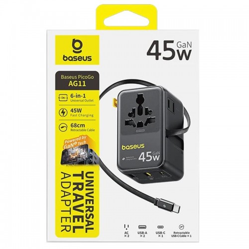 Сетевой универсальный переходник Baseus AG11 45W with retractable cable (2USB-A/1C/1Socket) (E0307F) Cosmic Black