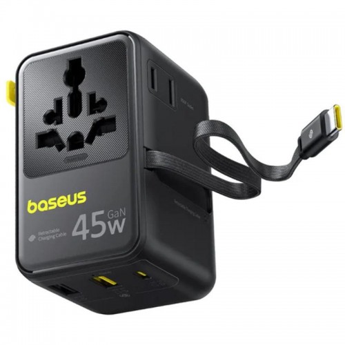 Сетевой универсальный переходник Baseus AG11 45W with retractable cable (2USB-A/1C/1Socket) (E0307F) Cosmic Black