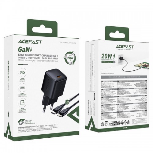 МЗП Acefast A117 mini PD20W GaN (1USB-C) + кабель Type-C to Lightning Black