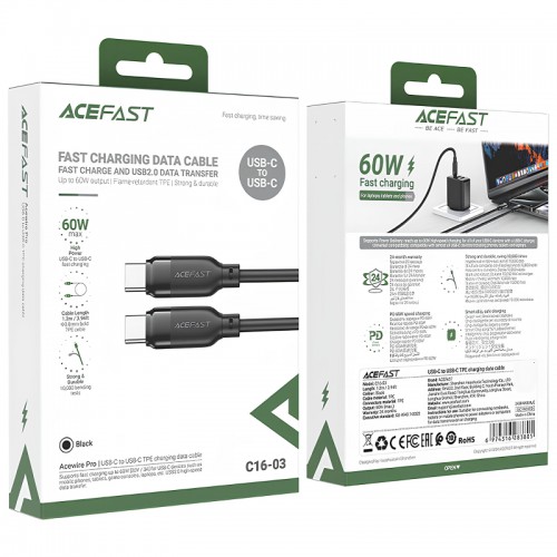 Дата кабель Acefast C16-03 Type-C to Type-C 60W (1.2m) Black