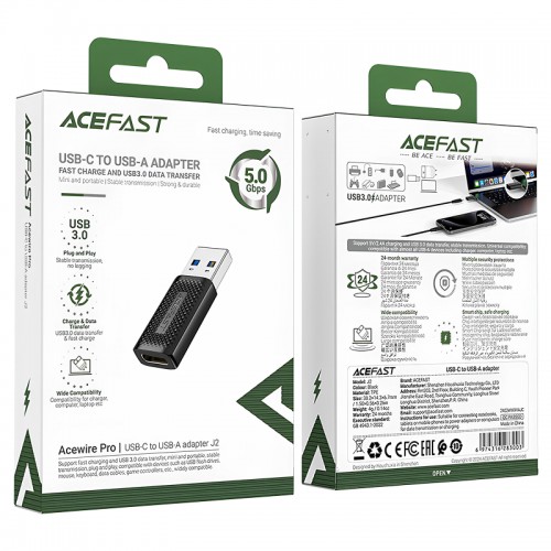 Переходник Acefast J2 USB Male to Type-C Female USB3.0 Black