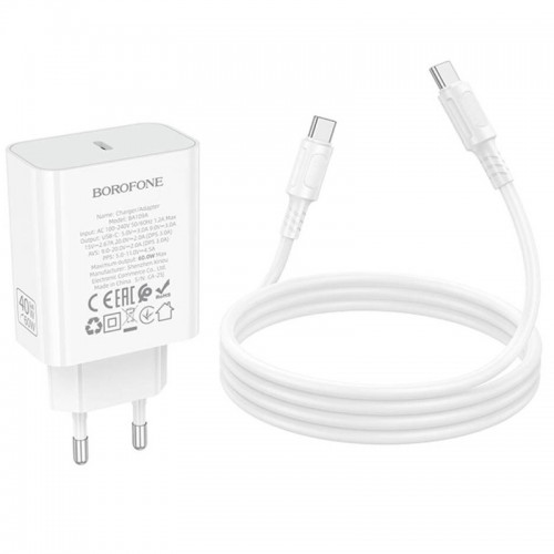 МЗП Borofone BA109A Star PD40W (1USB-C) + кабель Type-C to Type-C White