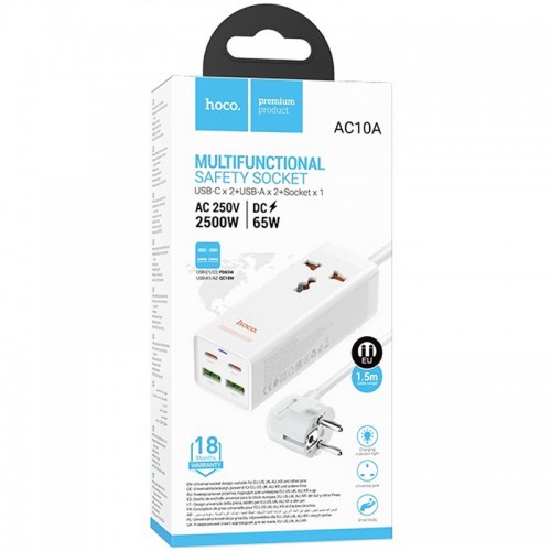 Удлинитель Hoco AC10A Talent PD65W+QC3.0 (2USB-A/2C/1xSocket) (1.5m) White