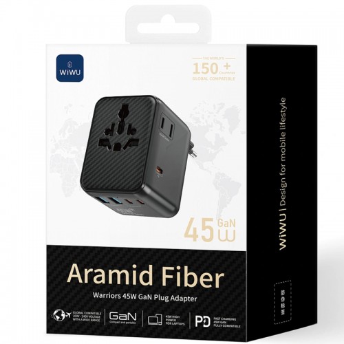 Сетевой универсальный переходник WIWU UA010 Warrior GaN 45W + 2USB-A/3C Black