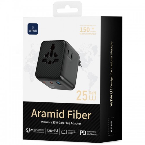 Сетевой универсальный переходник WIWU UA011 Warrior GaN 25W + 1USB-A/2C Black