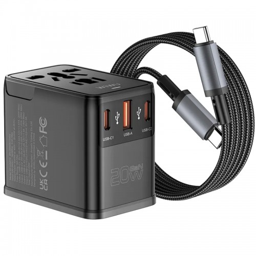 Сетевой универсальный переходник WIWU UA013 20W GaN + 1USB-A/2C with retractable cable Type-C Black