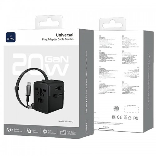 Сетевой универсальный переходник WIWU UA013 20W GaN + 1USB-A/2C with retractable cable Type-C Black