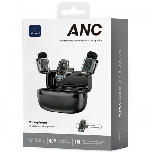 Петличный беспроводной микрофон WIWU WM008 Dual-mic ANC Type-C Black