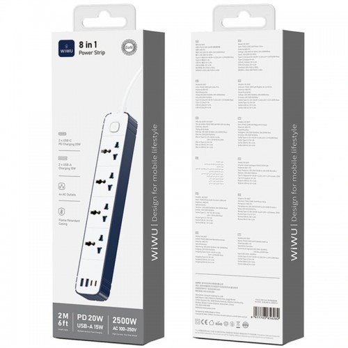 Универсальный сетевой удлинитель WIWU S007 Power Strip PD20W (4 розетки 2 Type-C 2 USB) (2m) White