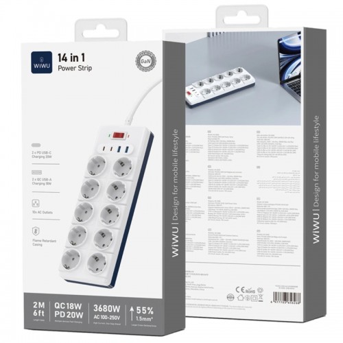 Сетевой удлинитель WIWU S008 Power Strip PD20W (10 розеток 2 Type-C 2 USB-A) (2m) White