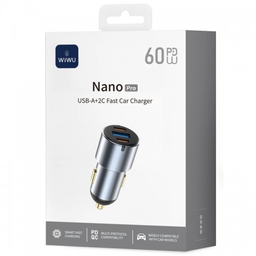 АЗП WIWU CC032 Nano Pro PD60W+QC3.0 (1USB-A/2C) Gray