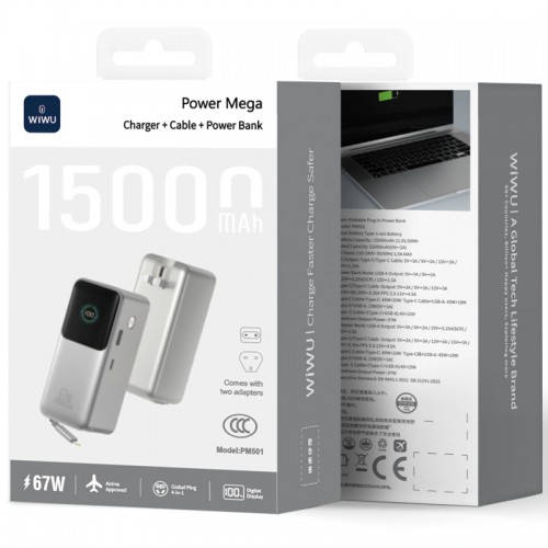 Повербанк 67W WIWU PM501 15000mAh Power Mega з кабелем Type-C Silver
