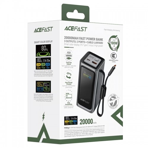 Повербанк для ноутбука 100W Acefast M33 20000mAh с кабелем Type-C Metal gray