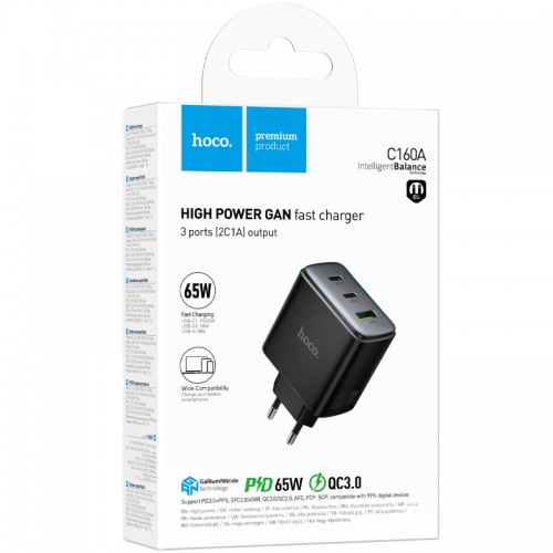 Мережевий зарядний пристрій Hoco C160A Upgrade PD65W+QC3.0 (1USB-A/2C) Black